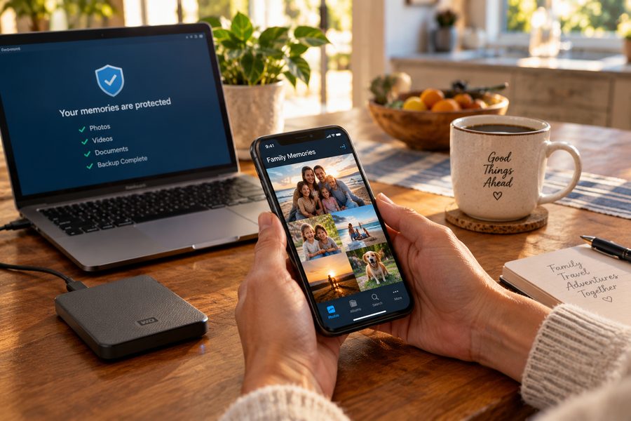 A person holding a phone with family photos beside a laptop showing a completed backup and an external drive
