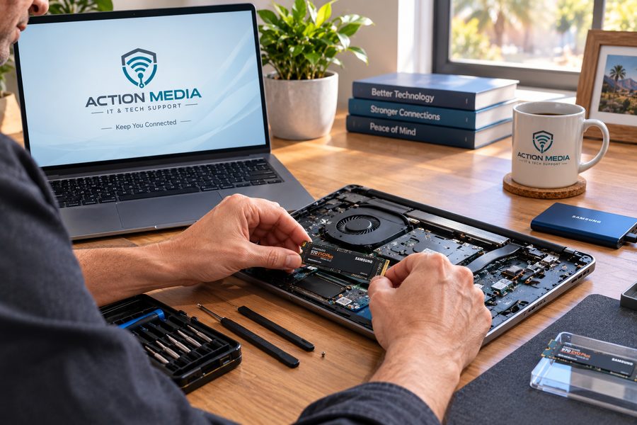 A technician carefully installing a new solid-state drive in an open laptop at a home desk