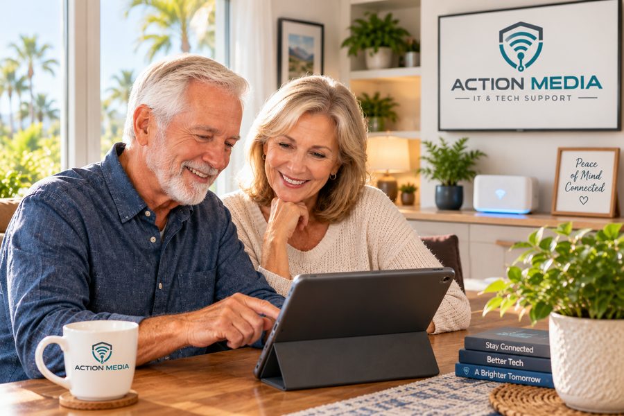 A smiling older couple learning a new tablet together at their dining table