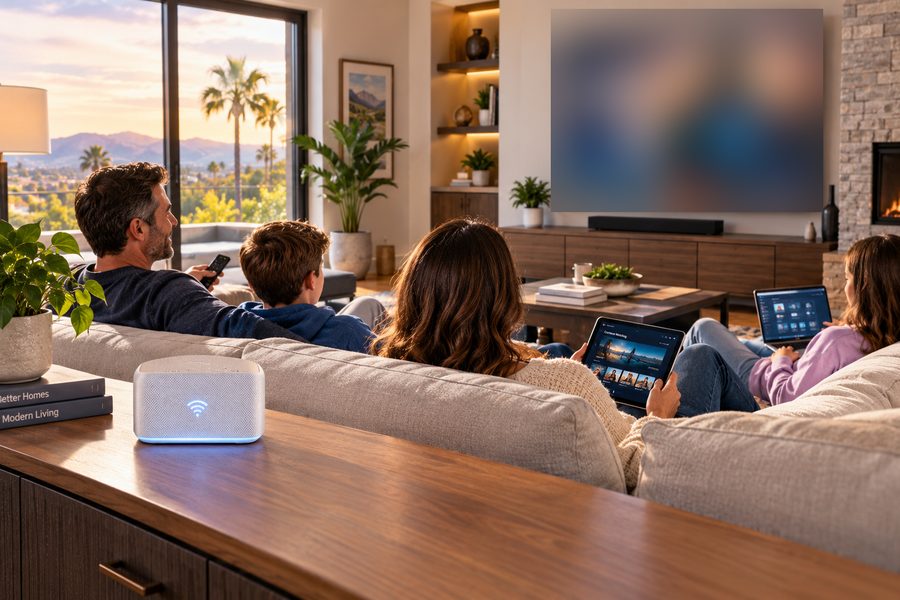 A family using a TV, tablet, and laptop in a Southern California living room with a mesh Wi-Fi node on the console table